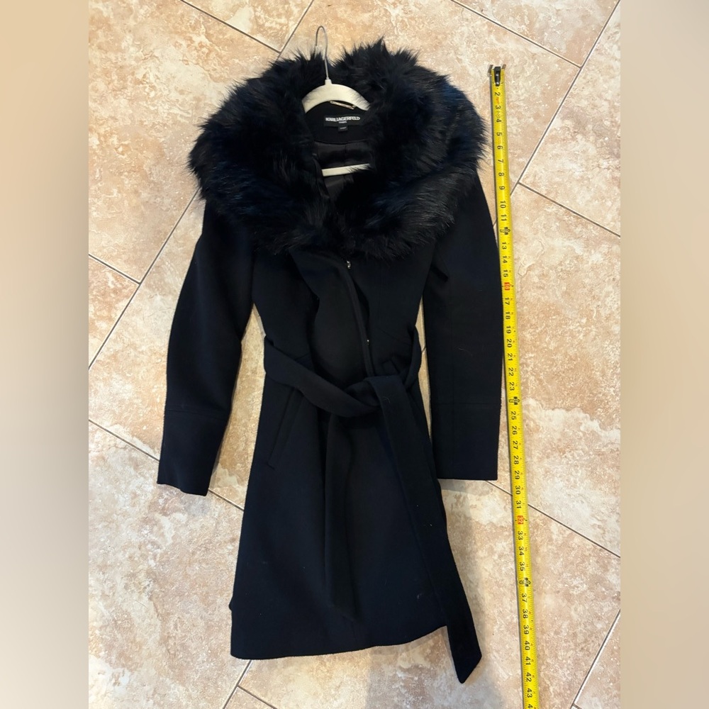 Karl Lagerfeld Paris Black Faux Fur Collar Coat - Size Small